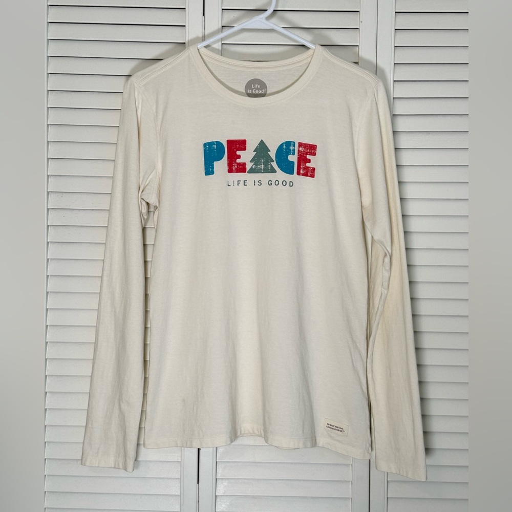 Life Is Good Long Sleeve Tee T-Shirt Women's Peace Holiday Classic Fit Size M